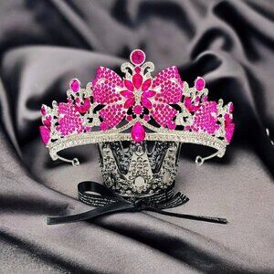 Gold Crystal Crown, Princess Tiara, Hot Pink Gemstone Crown, Quinceanera Crown